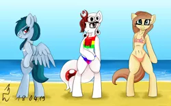 Size: 1680x1050 | Tagged: suggestive, artist:queen-razlad, derpibooru import, oc, oc:cream heart, oc:delta vee, oc:razlad, semi-anthro, beach, bikini, bipedal, clothes, female, helix horn, image, milf, patrick star, png, rainbow, shark swimsuit, spongebob squarepants, swimsuit, trio, trio female