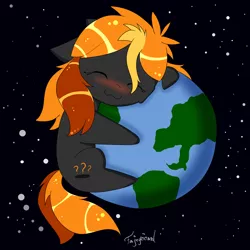 Size: 3000x3000 | Tagged: safe, artist:fajnyziomal, derpibooru import, oc, oc:black hole, ponified, black hole pony, earth pony, pony, :3, black hole, blushing, cheek fluff, cute, earth, eyes closed, female, floppy ears, hug, mare, messier 87, pony bigger than a planet, smiling, solo, space, stars, this will end in death