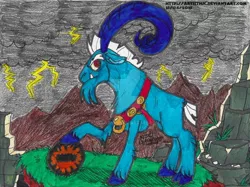 Size: 1280x958 | Tagged: antagonist, artist:artistnjc, cloud, cloven hooves, colored pencil drawing, crystal ball, dark clouds, derpibooru import, destroyed building, grogar, grogar's orb, lightning, looking offscreen, magic orb, male, marker drawing, mountain, mountain range, raised hoof, ram, red eyes, safe, sheep, solo, the beginning of the end, traditional art