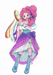 Size: 846x1200 | Tagged: safe, alternate version, artist:puri__kyua, derpibooru import, pinkie pie, friendship is witchcraft, equestria girls, anime, clothes, cute, diapinkes, dress, esmeralda, female, gypsy pie, looking at you, musical instrument, pink background, simple background, solo, tambourine