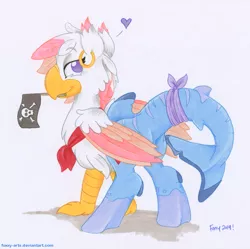 Size: 1204x1200 | Tagged: artist:foxxy-arts, bandana, beak hold, colored wings, cute, derpibooru import, ear piercing, earring, female, folded wings, heart, hippogriff, hybrid, jewelry, looking at you, looking back, looking back at you, oc, oc:foxxy hooves, piercing, pirate, rear view, safe, shark, shark tail, signature, solo, traditional art, unofficial characters only, wings