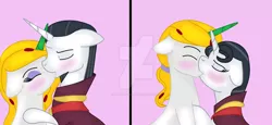 Size: 1280x587 | Tagged: safe, artist:bea-drowned, derpibooru import, chancellor neighsay, oc, oc:ms. bea, pony, unicorn, canon x oc, chancellor whinnysnort, female, kissing, male, neighbea, rule 63, shipping, straight