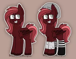 Size: 1262x986 | Tagged: safe, artist:bluedinoadopts, derpibooru import, oc, oc:skarlet record, unofficial characters only, bat pony, pony, androgynous, bandage, beanie, boots, brown background, chest fluff, clothes, ear fluff, ear piercing, earring, fangs, hat, jewelry, nonbinary, piercing, scar, shoes, simple background, socks, solo, striped socks, unshorn fetlocks