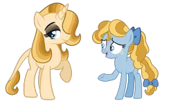 Size: 2500x1500 | Tagged: safe, artist:carouselunique, derpibooru import, oc, oc:golden hour, oc:stargazer lily, unofficial characters only, earth pony, pony, unicorn, series:sunlight horizons, base used, bow, duo, freckles, hair bow, hair over one eye, leonine tail, offspring, parent:night light, parent:pear butter, parents:pearlight, tail bow