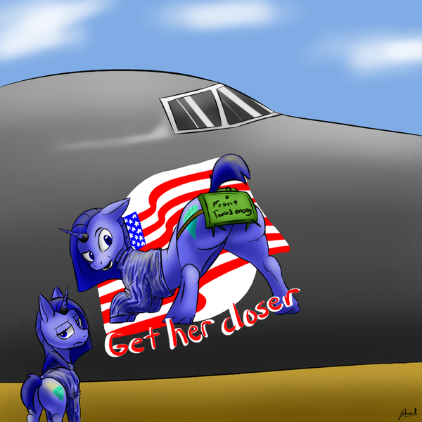 Size: 1000x1000 | Tagged: questionable, artist:tracerpainter, derpibooru import, oc, oc:edred, pony, unicorn, aircraft, airforce, american flag, butt, caption, claymore mine, clothes, large butt, look of disapproval, nose art, plane, plot, uniform