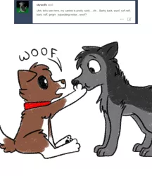 Size: 800x926 | Tagged: safe, artist:askwinonadog, derpibooru import, winona, oc, dog, wolf, ask winona, ask, duo, hand over mouth, simple background, tumblr, white background, woof