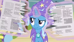 Size: 1280x720 | Tagged: safe, derpibooru import, screencap, trixie, pony, uncommon bond, levitation, magic, newspaper, solo, tearing, telekinesis