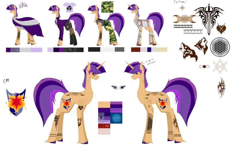 Size: 7937x5385 | Tagged: safe, artist:moonlight0shadow0, derpibooru import, oc, oc:flare beam, unofficial characters only, pony, unicorn, wolf, icey-verse, anarchy, armor, bandage, belt, boots, camouflage, chest fluff, clothes, crown, dress, ear piercing, earring, eye scar, female, flannel, hoodie, jewelry, mare, next generation, nylon, offspring, pants, parent:flash sentry, parent:twilight sparkle, parents:flashlight, piercing, reference sheet, regalia, rust, scar, shield, shirt, shoes, simple background, sleeveless, socks, solo, stockings, sword, t-shirt, tanktop, tattoo, thigh highs, torn clothes, transparent background, unshorn fetlocks, wall of tags, weapon