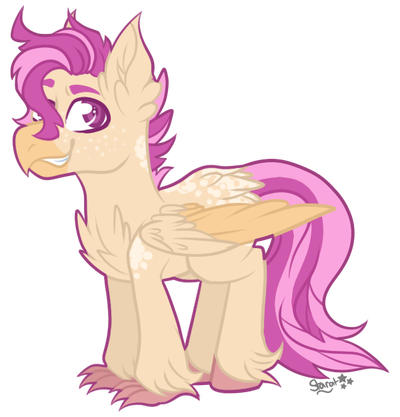 Size: 400x417 | Tagged: safe, artist:illusionaryprince, derpibooru import, oc, oc:sandy cove, unofficial characters only, hippogriff, pony, adopted oc, beak, claws, hippogriff oc, male, next generation, parent:scootaloo, parent:terramar, pink eyes, pink hair, smiling, smirk, solo, stallion, tan body, wings