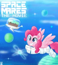 Size: 4500x5000 | Tagged: safe, artist:theretroart88, derpibooru import, pinkie pie, pegasus, pony, equestria daily, absurd resolution, april fools, april fools 2019, astronaut, astronaut pinkie, cake, clothes, dessert, female, flying, food, g5, mare, movie accurate, pegasus pinkie pie, pinkie pie (g5), planet, race swap, smiling, space, space mares, spacesuit, stars