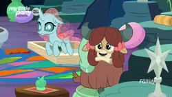 Size: 1920x1080 | Tagged: bow, changedling, changeling, cloven hooves, derpibooru import, female, hair bow, monkey swings, mouth hold, ocellus, safe, screencap, scroll, uprooted, yak, yona