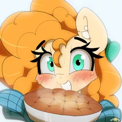 Size: 2222x2222 | Tagged: safe, artist:n0nnny, derpibooru import, pear butter, earth pony, pony, blushing, bow, cute, female, food, green eyes, looking at you, mare, pearabetes, pie, simple background, smiling, solo, sweat, white background