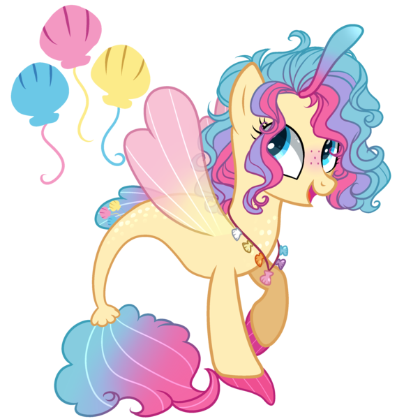 Size: 2750x2900 | Tagged: artist:gihhbloonde, blushing, derpibooru import, female, fin wings, freckles, hybrid, icey-verse, interspecies offspring, jewelry, magical lesbian spawn, mare, necklace, next generation, oc, oc:princess aqua pink, offspring, parent:pinkie pie, parent:princess skystar, parents:skypie, raised hoof, safe, seapony (g4), seashell, seashell necklace, simple background, solo, transparent background, unofficial characters only, wings