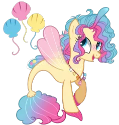 Size: 2750x2900 | Tagged: artist:gihhbloonde, blushing, derpibooru import, female, fin wings, freckles, hybrid, icey-verse, interspecies offspring, jewelry, magical lesbian spawn, mare, necklace, next generation, oc, oc:princess aqua pink, offspring, parent:pinkie pie, parent:princess skystar, parents:skypie, raised hoof, safe, seapony (g4), seashell, seashell necklace, simple background, solo, transparent background, unofficial characters only, wings