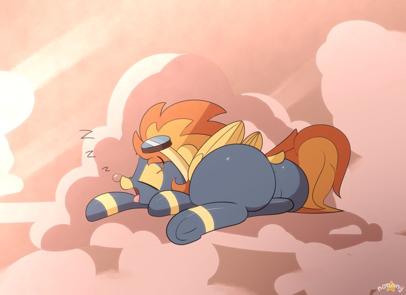 Size: 3062x2222 | Tagged: safe, artist:n0nnny, derpibooru import, spitfire, pegasus, pony, butt, clothes, cloud, cute, cutefire, dock, eyes closed, female, firebutt, goggles, high res, mare, onomatopoeia, open mouth, plot, profile, sky, sleeping, snot bubble, solo, sound effects, sunset, the ass was fat, uniform, wonderbolts uniform, zzz