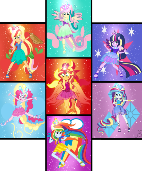 Size: 5159x6229 | Tagged: safe, artist:sparkling-sunset-s08, derpibooru import, applejack, fluttershy, pinkie pie, rainbow dash, rarity, sci-twi, sunset shimmer, twilight sparkle, twilight sparkle (alicorn), alicorn, human, equestria girls, bracelet, clothes, colored wings, crown, cutie mark, cutie mark background, fiery wings, humane five, humane seven, humane six, humanized, jewelry, multicolored hair, multicolored wings, phoenix wings, ponied up, pony ears, rainbow hair, rainbow power, rainbow power-ified, rainbow tail, rainbow wings, regalia, shoes, sunset phoenix, super ponied up, transformation, winged humanization, wings