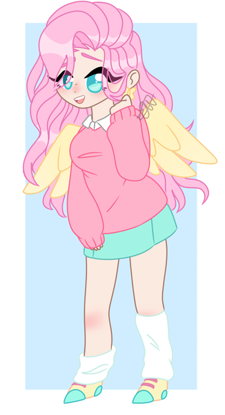 Size: 696x1280 | Tagged: abstract background, artist:crazykittychan02, clothes, colored pupils, cute, derpibooru import, ear piercing, earring, eye clipping through hair, female, fluttershy, human, humanized, jewelry, leg warmers, miniskirt, open mouth, piercing, pleated skirt, safe, shoes, shyabetes, skirt, socks, solo, sweater, sweatershy, winged humanization, wings