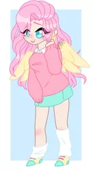 Size: 696x1280 | Tagged: abstract background, artist:crazykittychan02, clothes, colored pupils, cute, derpibooru import, ear piercing, earring, eye clipping through hair, female, fluttershy, human, humanized, jewelry, leg warmers, miniskirt, open mouth, piercing, pleated skirt, safe, shoes, shyabetes, skirt, socks, solo, sweater, sweatershy, winged humanization, wings