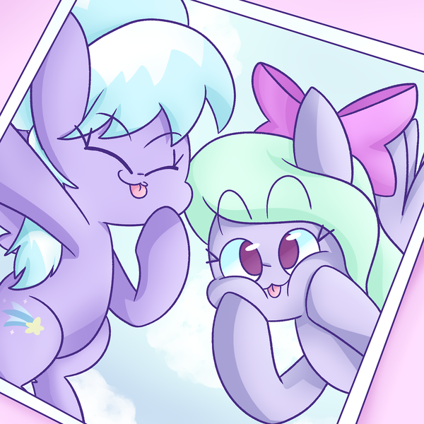 Size: 1280x1280 | Tagged: safe, artist:typhwosion, derpibooru import, cloudchaser, flitter, pegasus, pony, :3, :p, cheek squish, cute, cutechaser, duo, eyes closed, female, flitterbetes, no pupils, photo, siblings, silly, sisters, squishy cheeks, tongue out