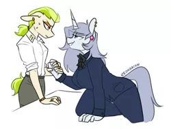 Size: 589x446 | Tagged: safe, artist:redxbacon, derpibooru import, oc, oc:golden keylime, oc:platinum decree, anthro, earth pony, unicorn, business suit, businessmare, clothes, ear piercing, earring, female, handshake, jewelry, looking at each other, mare, piercing, suit