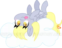Size: 800x616 | Tagged: safe, artist:mochi--pon, derpibooru import, derpy hooves, pegasus, pony, :p, blushing, cloud, colored pupils, cute, derpabetes, female, mare, on a cloud, on back, silly, simple background, solo, tongue out, transparent background, upside down