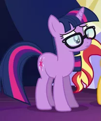 Size: 545x651 | Tagged: safe, derpibooru import, screencap, sci-twi, sunset shimmer, twilight sparkle, ponified, pony, unicorn, equestria girls, equestria girls series, spring breakdown, spoiler:eqg series (season 2), cropped, equestria girls ponified, glasses, solo focus, unicorn sci-twi