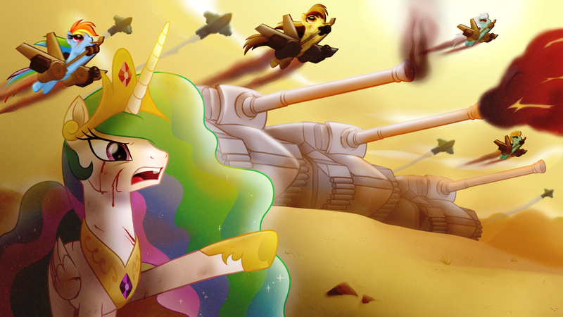 Size: 1920x1080 | Tagged: safe, artist:prince-lionel, deleted from derpibooru, derpibooru import, daring do, fleetfoot, lightning dust, princess celestia, rainbow dash, oc, oc:prince whateverer, pony, blood, cut, desert, dropship, hoof shoes, movie accurate, retaliation, tank (vehicle), war, wingsuit