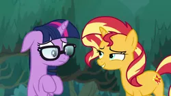 Size: 1920x1080 | Tagged: safe, derpibooru import, screencap, sci-twi, sunset shimmer, twilight sparkle, ponified, pony, unicorn, equestria girls, equestria girls series, spring breakdown, spoiler:eqg series (season 2), equestria girls ponified, floppy ears, glasses, looking at each other, unicorn sci-twi