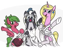 Size: 967x726 | Tagged: safe, artist:jargon scott, derpibooru import, oc, oc:carjack, oc:limit state, oc:low rider, unofficial characters only, pegasus, pony, unicorn, zebra, big crotchboobs, bipedal, clothes, crotchboobs, dancing, dress, female, fishnets, garter belt, garters, huge crotchboobs, impossibly large crotchboobs, mare, nudity, socks, stockings, thigh highs, trio, zebra oc