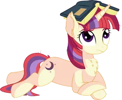 Size: 7195x5918 | Tagged: safe, artist:cyanlightning, derpibooru import, moondancer, pony, unicorn, .svg available, absurd resolution, book, book hat, chest fluff, confused, cute, dancerbetes, ear fluff, ear tufts, female, frown, looking up, mare, messy mane, prone, raised eyebrow, simple background, sitting, solo, transparent background, vector, wings, worried