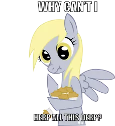 Size: 2578x2811 | Tagged: safe, artist:unclesnail, derpibooru import, derpy hooves, pegasus, pony, artifact, bipedal, caption, female, food, mare, muffin, scrunchy face, simple background, solo, transparent background, wings