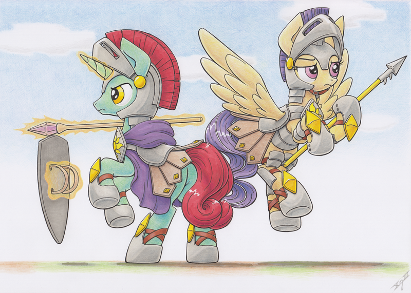 Size: 4580x3270 | Tagged: safe, artist:xeviousgreenii, derpibooru import, oc, unofficial characters only, pegasus, pony, unicorn, absurd file size, absurd resolution, armor, duo, female, glowing horn, horn, magic, male, mare, shield, signature, spear, stallion, telekinesis, traditional art, weapon