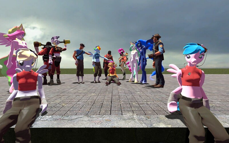 Size: 1440x900 | Tagged: 3d, anthro, artist:sarcastic-brony, crossover, crown, derpibooru import, derpy hooves, firefly, g1, g1 to g4, generation leap, gmod, heavy weapons guy, jewelry, pinkie pie, pinkie pyro, pink-mane celestia, princess celestia, princess luna, pyro, rainbow dash, rainbow scout, regalia, safe, scootaloo, scout, team fortress 2, zecora