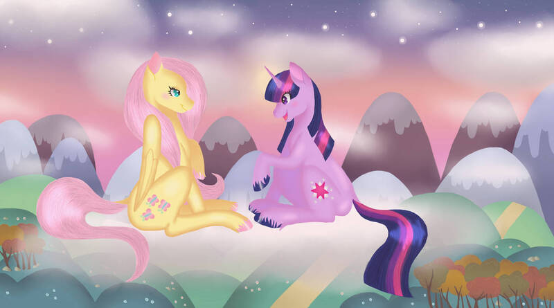 Size: 1198x667 | Tagged: safe, artist:nastylittlecuss, derpibooru import, fluttershy, twilight sparkle, pegasus, pony, unicorn, blushing, cloud, colored hooves, cute, dirt path, female, flower, lesbian, mare, mountain, open mouth, shipping, shyabetes, sitting, sky, smiling, stars, tree, twiabetes, twishy, unicorn twilight, unshorn fetlocks