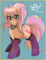 Size: 1280x1656 | Tagged: safe, artist:alts-art, derpibooru import, oc, oc:bijou butterfly, unofficial characters only, earth pony, pony, blue background, chest fluff, clothes, colored sketch, ear fluff, ear piercing, earring, female, fluffy, jewelry, looking at you, mare, multicolored hair, pale belly, piercing, retro, shading, signature, simple background, sketch, socks, solo, string