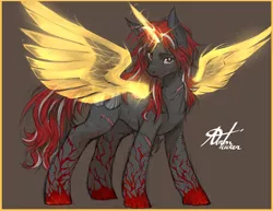 Size: 1280x989 | Tagged: safe, artist:alts-art, derpibooru import, oc, oc:crimson fist, unofficial characters only, pony, unicorn, artificial wings, augmented, colored sketch, gray background, horn, looking at you, magic, magic wings, male, messy mane, messy tail, multicolored hair, scar, signature, simple background, sketch, smiling, smirk, solo, stallion, wings