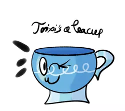 Size: 952x840 | Tagged: safe, derpibooru import, trixie, pony, ;3, cup, happy, inanimate tf, misspelling, objectification, one eye closed, simple background, solo, teacup, teacupified, that pony sure does love teacups, transformation, trixie teacup, white background, wink