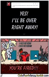 Size: 1280x2029 | Tagged: safe, artist:outofworkderpy, derpibooru import, derpy hooves, ditzy doo, queen chrysalis, oc, oc:cherry soda, changeling, changeling queen, earth pony, pegasus, pony, comic:out of work derpy, angry, comic, female, mare, outofworkderpy, sweat, sweatdrop, tumblr, tumblr comic, wet, wet mane