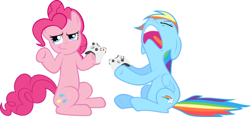 Size: 5000x2333 | Tagged: safe, artist:muhmuhmuhimdead, derpibooru import, pinkie pie, rainbow dash, earth pony, pegasus, pony, controller, eyes closed, female, floppy ears, funny, lost, mare, match, my life is ruined, nose in the air, open mouth, shrug, simple background, smiling, smirk, transparent background, won, xbox 360 controller