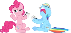 Size: 5000x2333 | Tagged: safe, artist:muhmuhmuhimdead, derpibooru import, pinkie pie, rainbow dash, earth pony, pegasus, pony, controller, eyes closed, female, floppy ears, funny, lost, mare, match, my life is ruined, nose in the air, open mouth, shrug, simple background, smiling, smirk, transparent background, won, xbox 360 controller