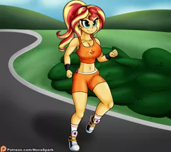 Size: 2250x2000 | Tagged: safe, artist:novaspark, derpibooru import, sunset shimmer, human, equestria girls, alternate hairstyle, belly button, breasts, busty sunset shimmer, cleavage, clothes, converse, cutie mark, cutie mark on clothes, female, headphones, jogging, midriff, mp3 player, patreon, patreon logo, shoes, shorts, sneakers, solo, sports bra, sports shorts, wristband