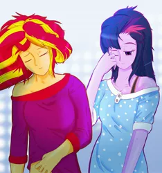 Size: 3191x3403 | Tagged: safe, artist:mantarwolf, derpibooru import, sci-twi, sunset shimmer, twilight sparkle, eqg summertime shorts, equestria girls, monday blues, clothes, high res, pajamas, simple background, waking up, white background