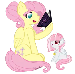 Size: 831x823 | Tagged: safe, artist:ipandacakes, derpibooru import, fluttershy, oc, oc:snowflake, pony, book, female, filly, offspring, parent:bulk biceps, parent:fluttershy, parents:flutterbulk, simple background, transparent background