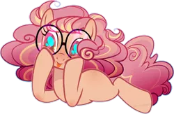 Size: 1280x837 | Tagged: safe, artist:daydreamprince, derpibooru import, oc, earth pony, pony, female, glasses, mare, prone, simple background, solo, tongue out, transparent background