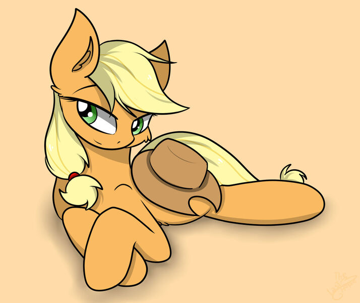 Size: 1280x1076 | Tagged: safe, artist:llhopell, derpibooru import, applejack, earth pony, pony, cute, female, head tilt, mare, prone, simple background, smiling, smirk, solo