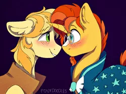 Size: 2048x1536 | Tagged: safe, artist:incendiaryboobs, derpibooru import, braeburn, sunburst, earth pony, pony, unicorn, blushing, braeburst, crack shipping, gay, looking at each other, male, shipping, smiling, stallion