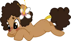 Size: 1286x749 | Tagged: safe, artist:chipmagnum, derpibooru import, oc, oc:rice paddy, earth pony, insect, ladybug, pony, cross-eyed, female, flower, flower in hair, insect on nose, looking at something, mare, prone, simple background, solo, transparent background