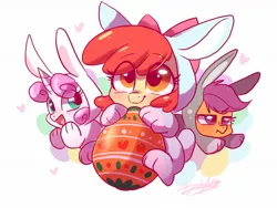 Size: 1600x1200 | Tagged: safe, artist:colorfulcolor233, derpibooru import, apple bloom, scootaloo, sweetie belle, earth pony, pegasus, pony, unicorn, abstract background, adorabloom, animal costume, bunny belle, bunny bloom, bunny costume, bunnyloo, clothes, costume, cute, cutealoo, cutie mark crusaders, daaaaaaaaaaaw, diasweetes, easter, easter egg, eye clipping through hair, female, filly, heart, hnnng, holiday, open mouth, scootaloo is not amused, signature, smiling, trio, unamused