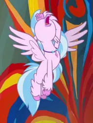 Size: 536x706 | Tagged: beak, classical hippogriff, derpibooru import, dramatic, feathered fetlocks, female, flying, hippogriff, jewelry, mural, necklace, nose in the air, open beak, open mouth, safe, screencap, silverstream, solo, uprooted
