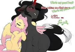 Size: 3228x2231 | Tagged: safe, artist:evehly, derpibooru import, fluttershy, king sombra, pegasus, pony, unicorn, blushing, colored ears, colored wings, dialogue, embarrassed, eyes closed, fangs, female, floppy ears, good boy, hug, male, open mouth, shipping, simple background, sombrashy, stallion, straight, tail wag, tsundere, two toned wings, white background, wings
